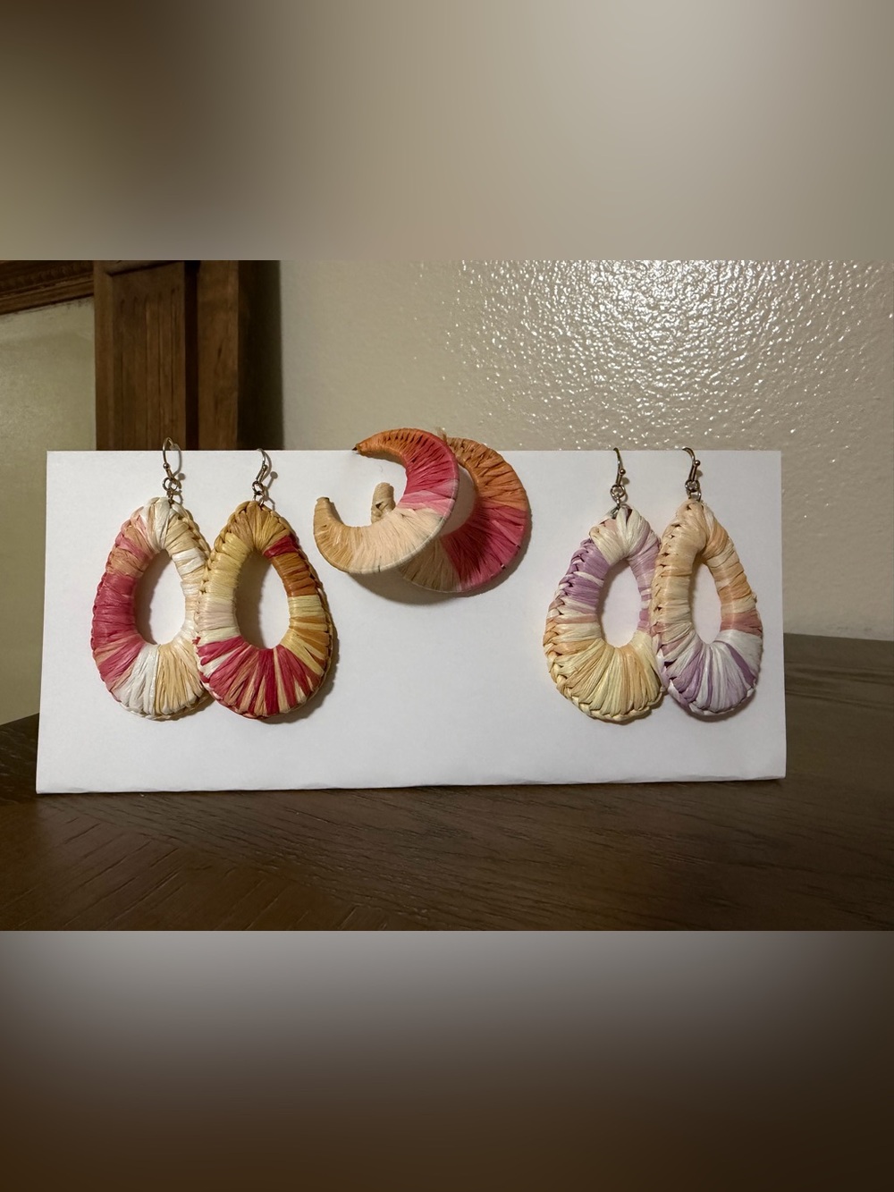 Handwoven Raffia Hoop Earrings - Multi Pink, Peach, Cream, Lavender